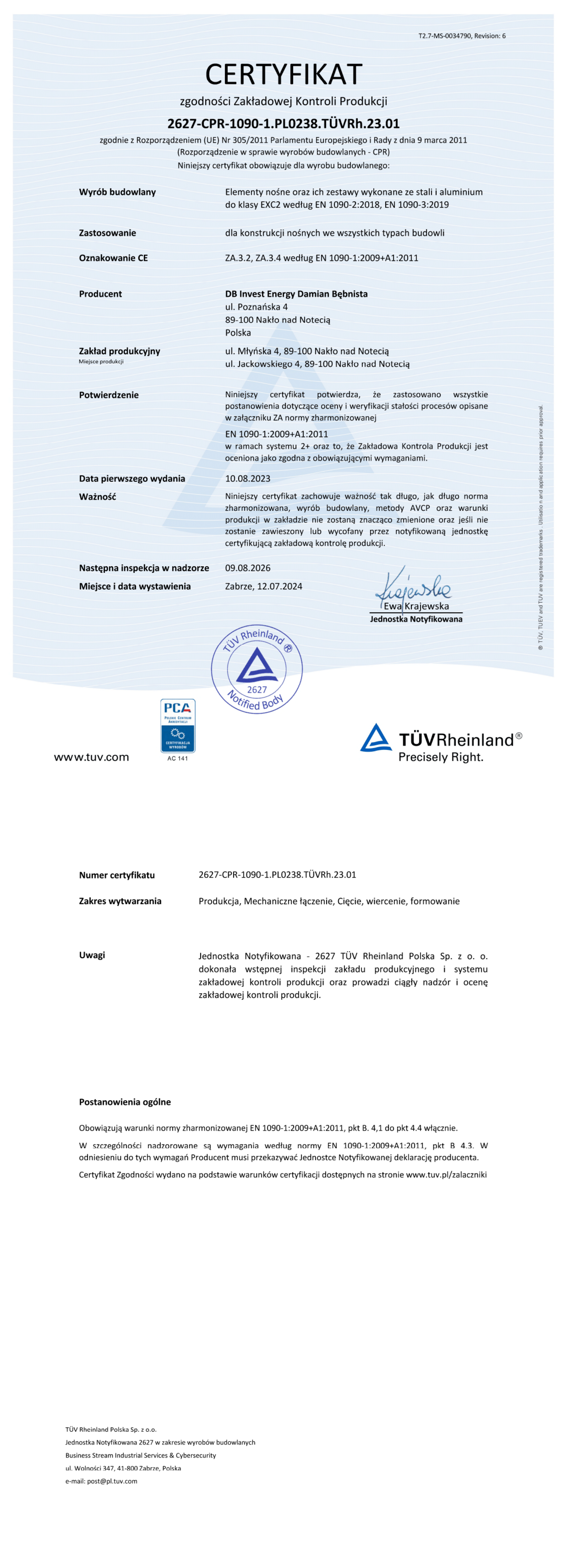 Certyfikat zgodności Zakładowej Kontroli Produkcji