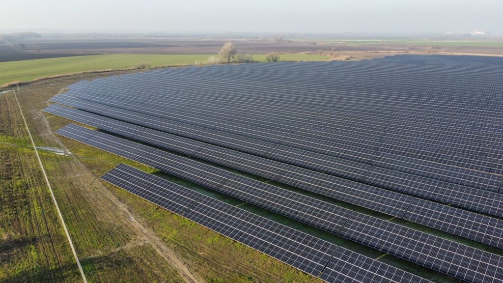 Konstrukcja pod panele fotowoltaiczne na dużej farmie PV