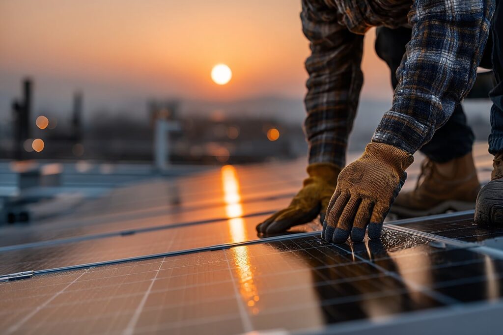 Instalator układa panel fotowoltaiczny na dachu o zachodzie słońca