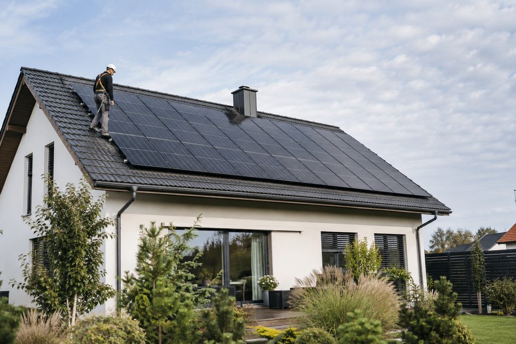 Instalator przy panelach fotowoltaicznych na dachu domu