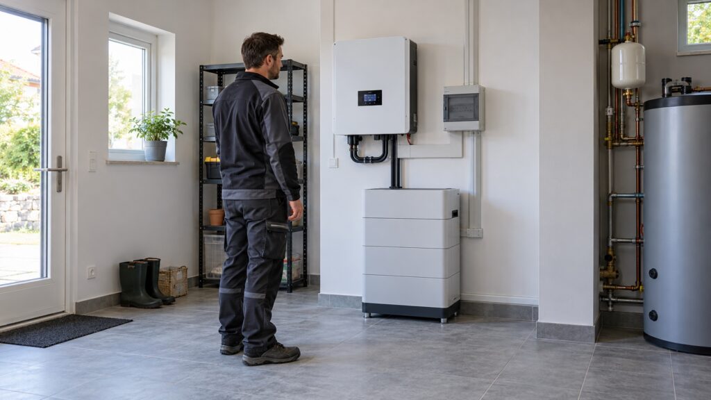Instalator sprawdza falownik obsługujący ładowanie magazynu energii