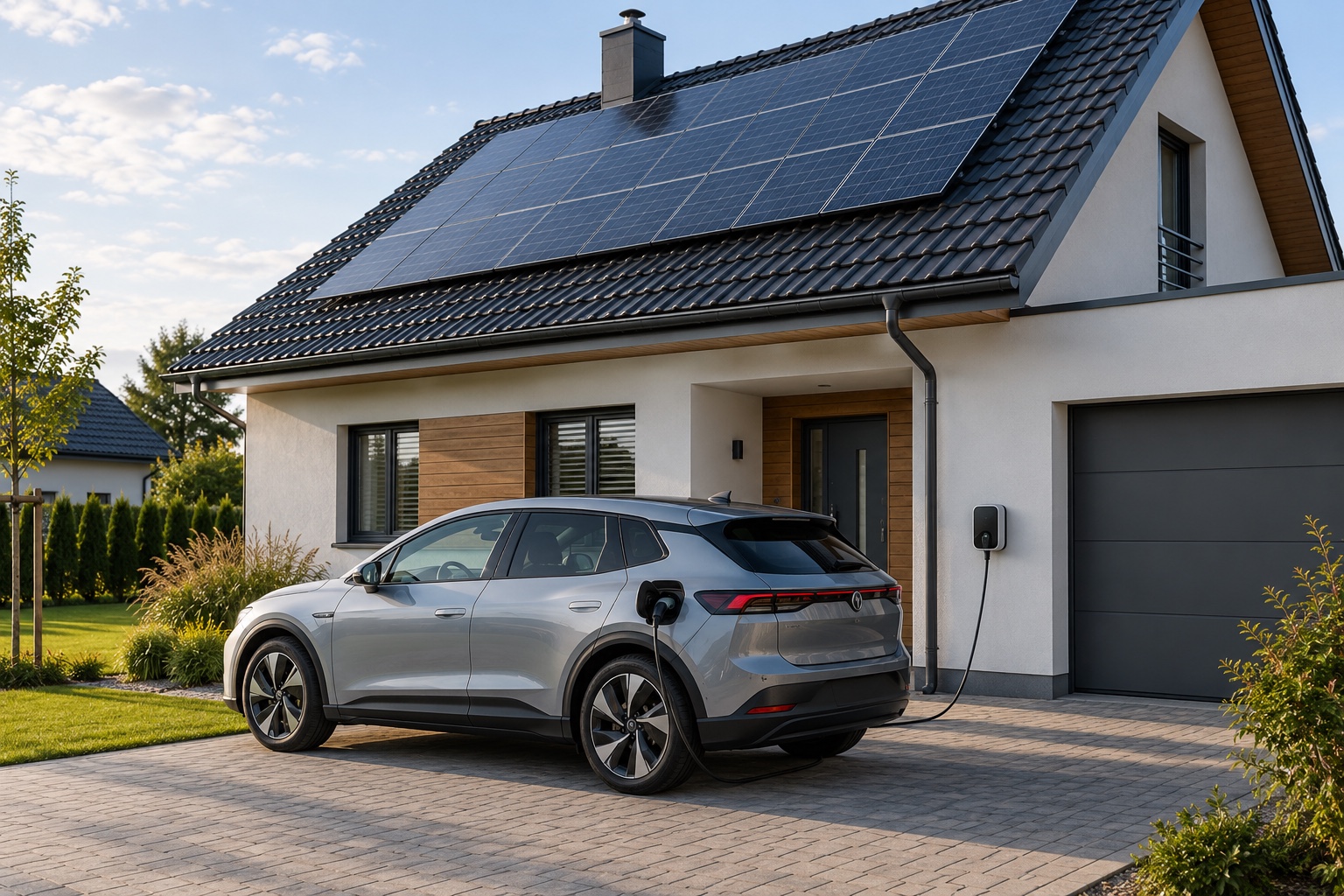 Ładowanie samochodu elektrycznego przy domu z panelami fotowoltaicznymi