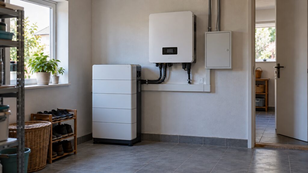 Magazyn energii i falownik w pomieszczeniu technicznym